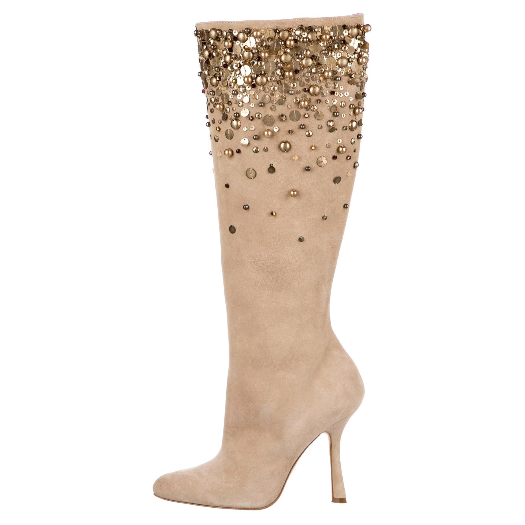 New Oscar De La Renta *Love Ric* Embellished Beige Suede Boots It 36 - US 6