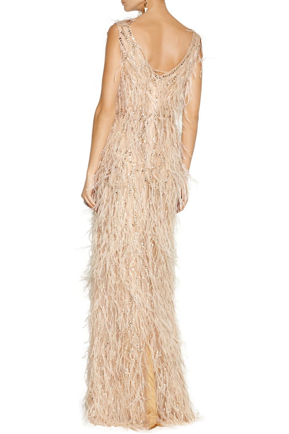 New Oscar De La Renta Ostrich Feather and Crystal-Embellished Tulle Beige Gown M In New Condition In Montgomery, TX