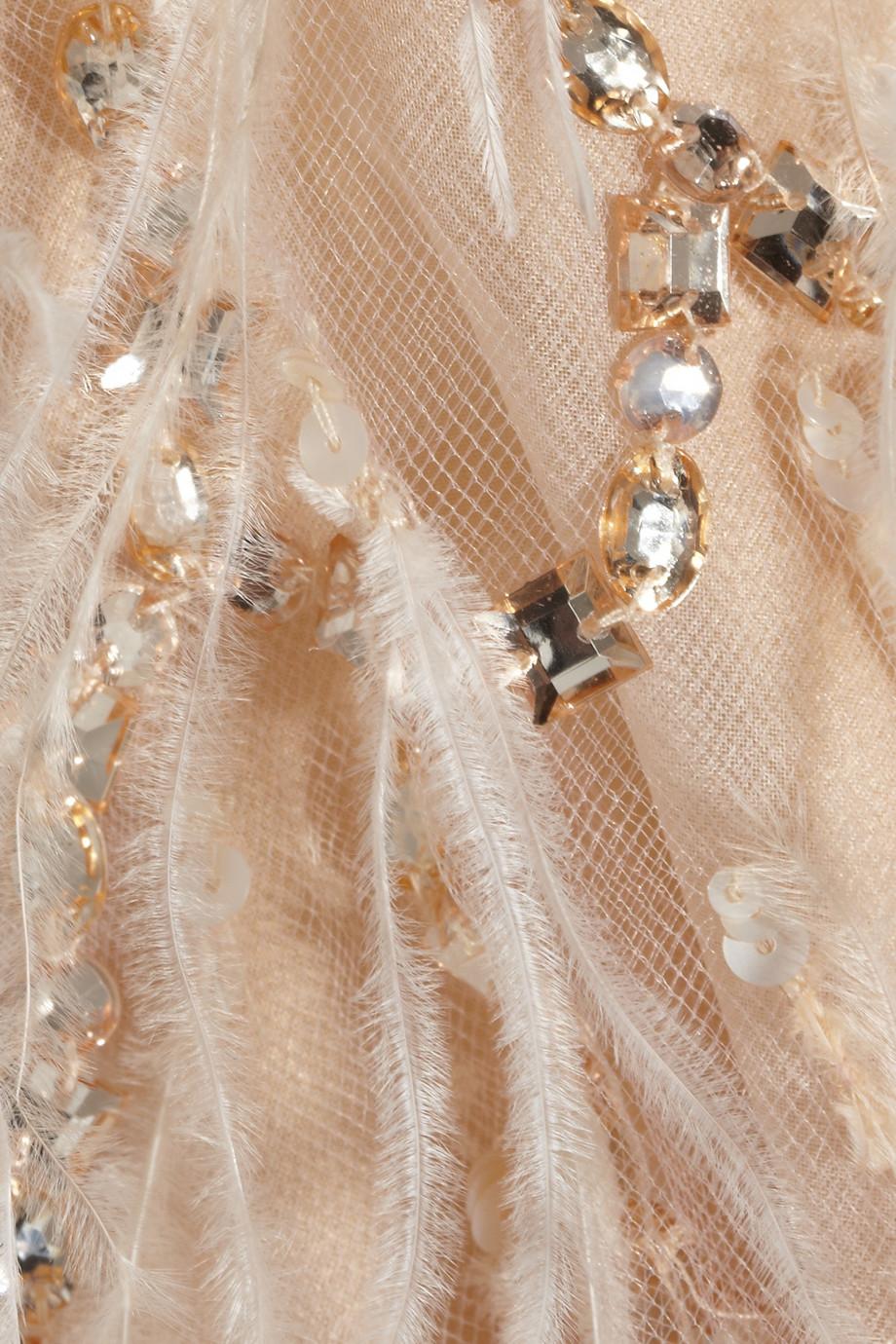 Women's New Oscar De La Renta Ostrich Feather and Crystal-Embellished Tulle Beige Gown M