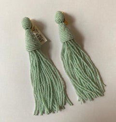 New Oscar de la Renta Pale Light Green Seed Bead Beaded Tassle Earrings Clip On
