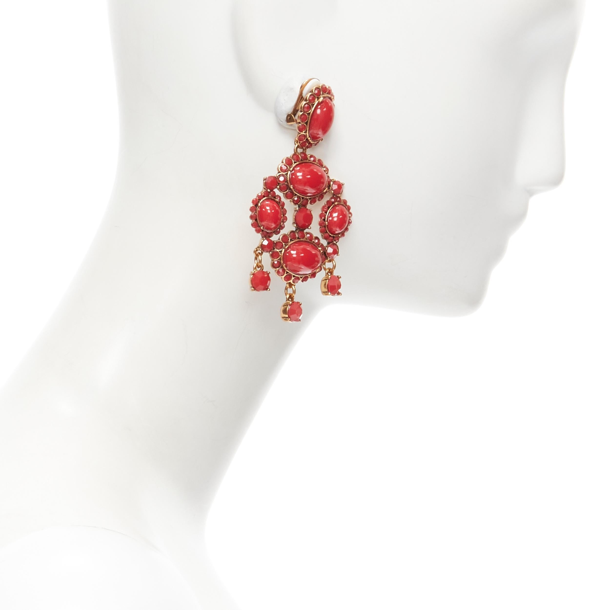 Gray new OSCAR DE LA RENTA red gold oval rhinestone chandelier clip on earrings