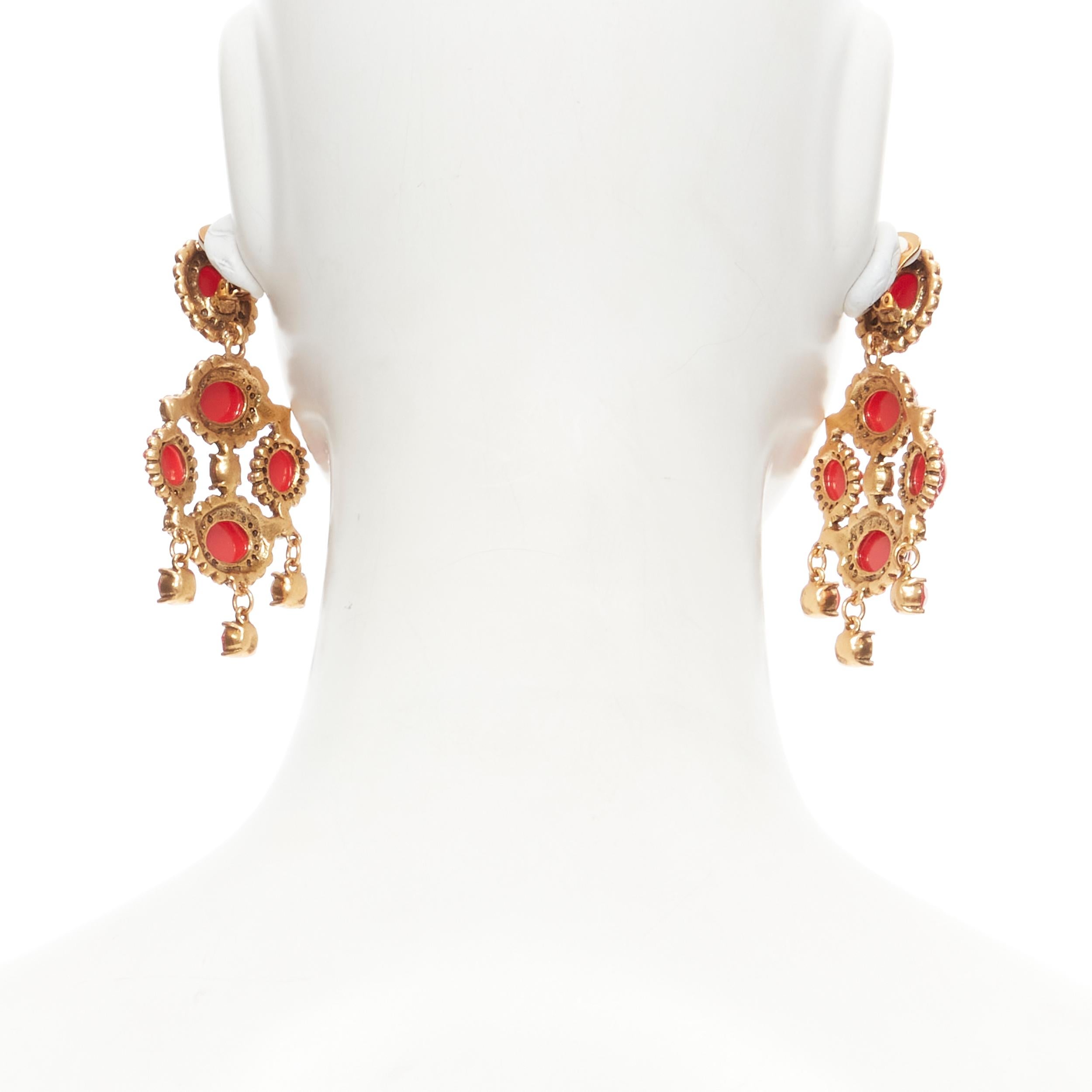 Women's new OSCAR DE LA RENTA red gold oval rhinestone chandelier clip on earrings