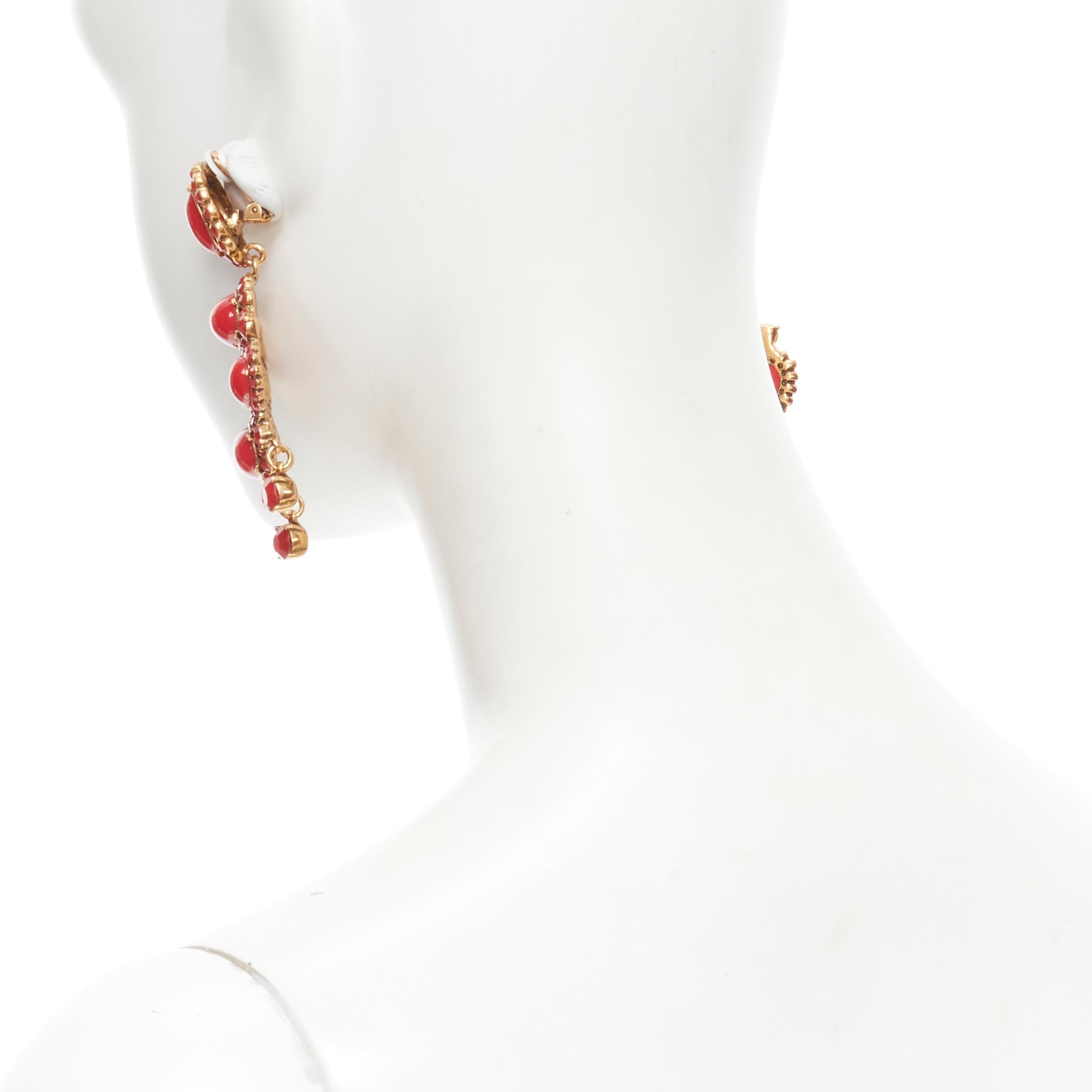 new OSCAR DE LA RENTA red gold oval rhinestone chandelier clip on earrings 1