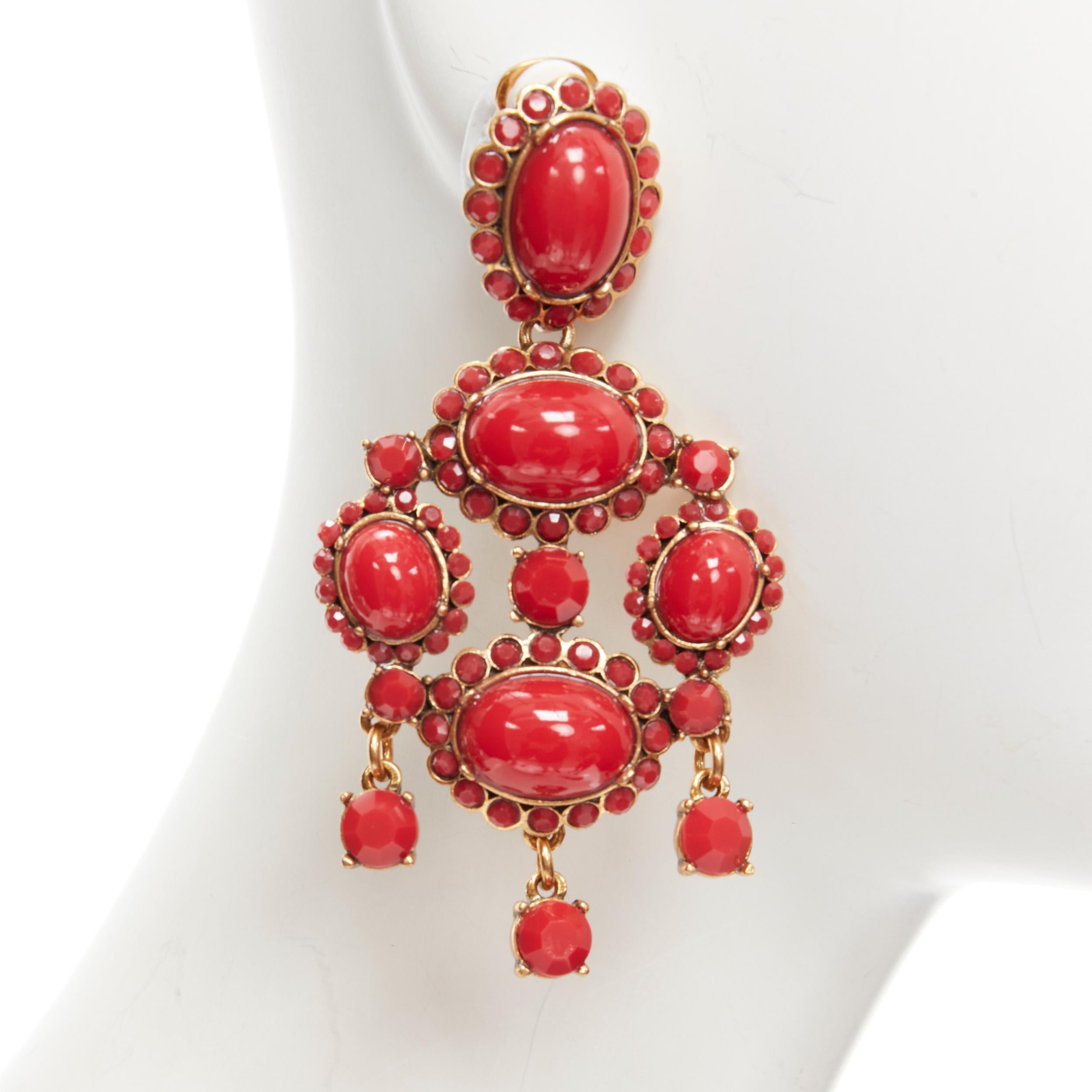 new OSCAR DE LA RENTA red gold oval rhinestone chandelier clip on earrings 2