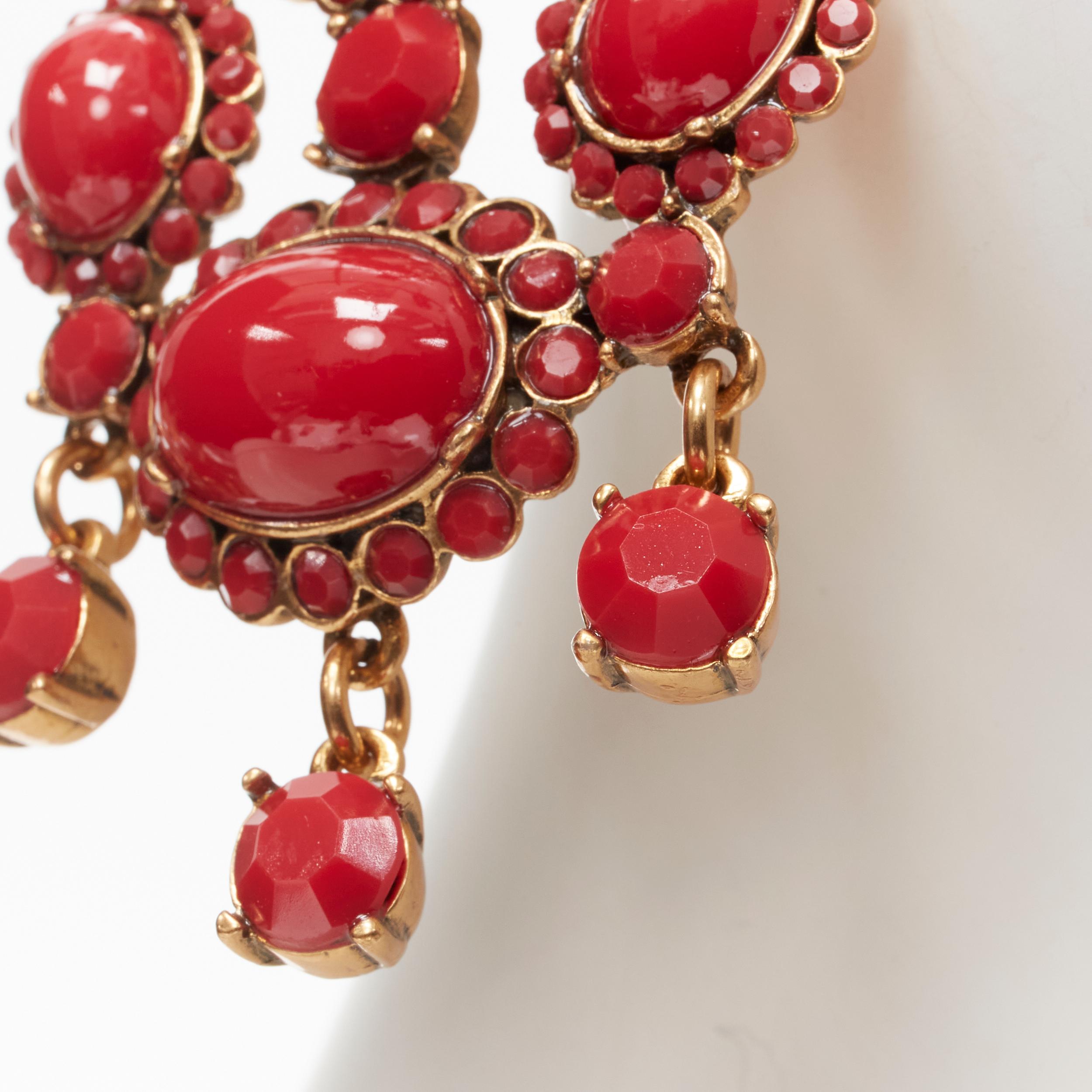 new OSCAR DE LA RENTA red gold oval rhinestone chandelier clip on earrings 3