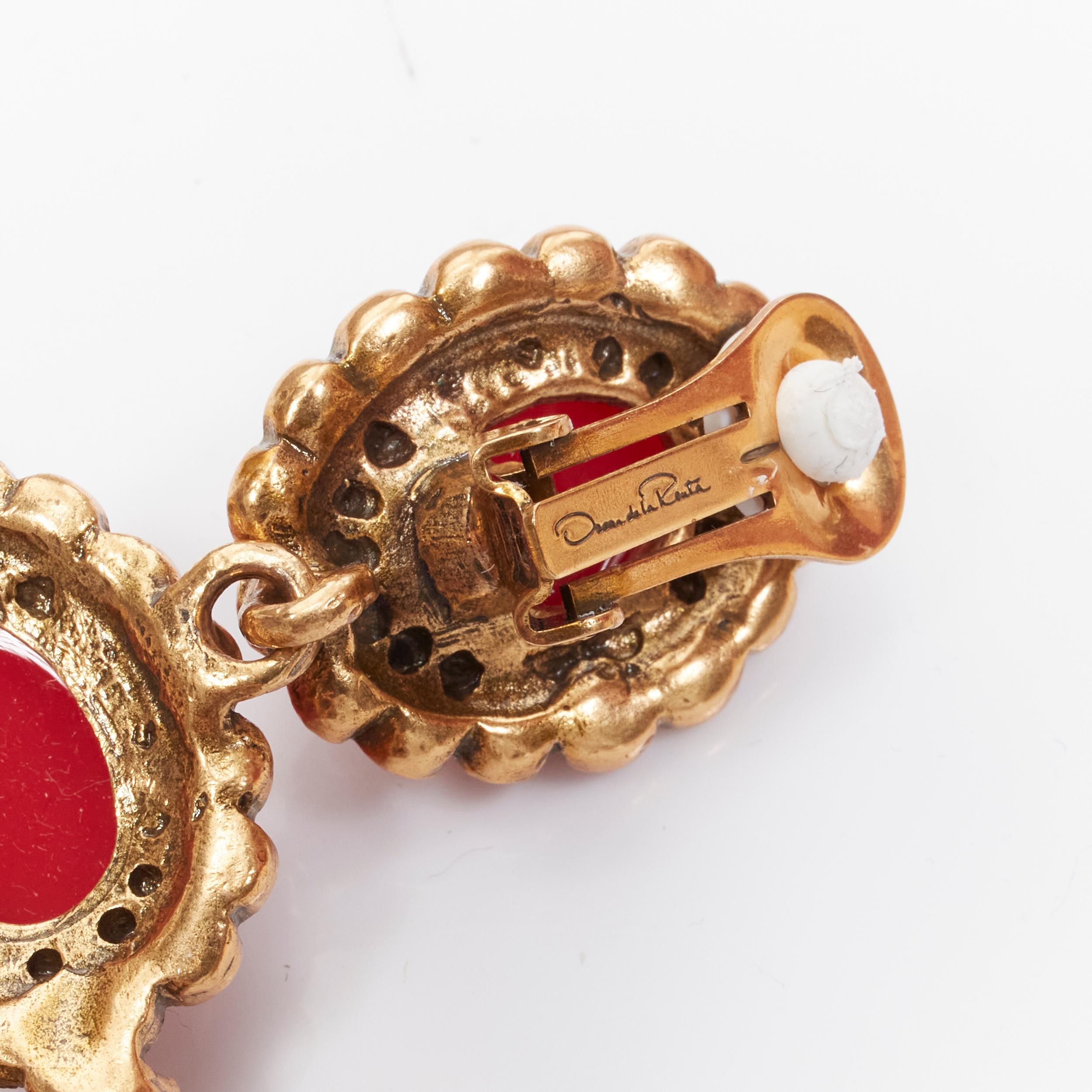 new OSCAR DE LA RENTA red gold oval rhinestone chandelier clip on earrings 4
