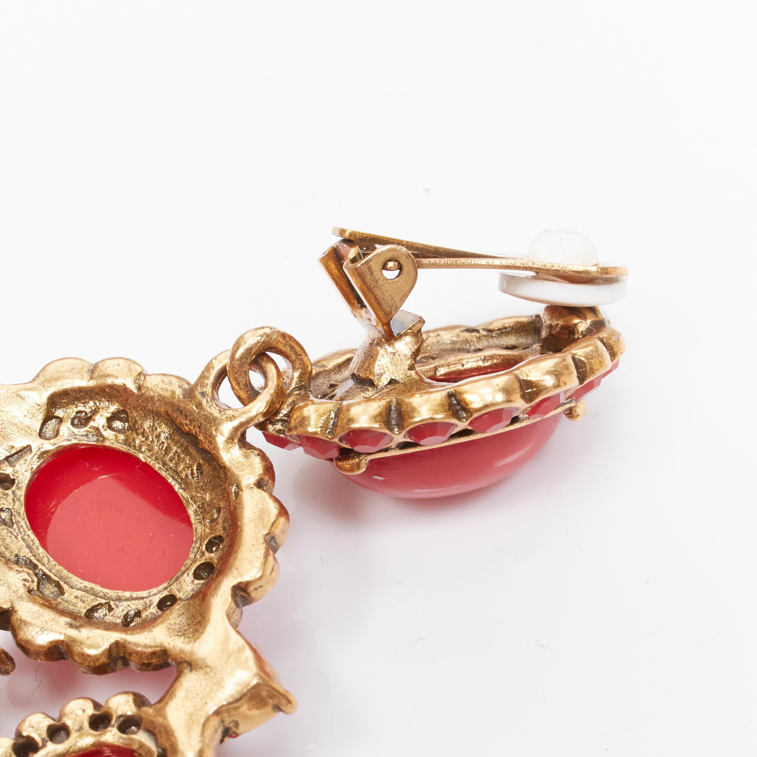 new OSCAR DE LA RENTA red gold oval rhinestone chandelier clip on earrings 5
