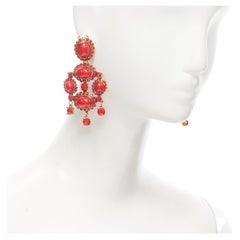 new OSCAR DE LA RENTA red gold oval rhinestone chandelier clip on earrings