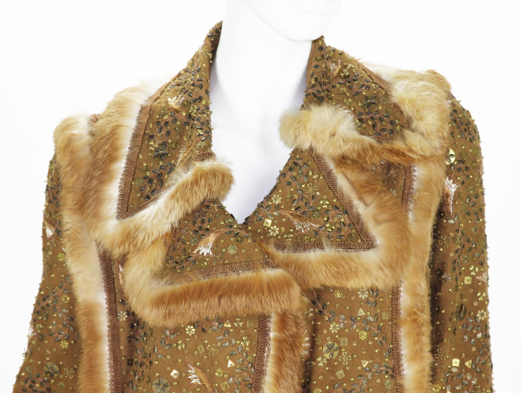 New Oscar De La Renta Runway F/W 2003 Fully Embellished Suede Long Coat w/ Fur 7