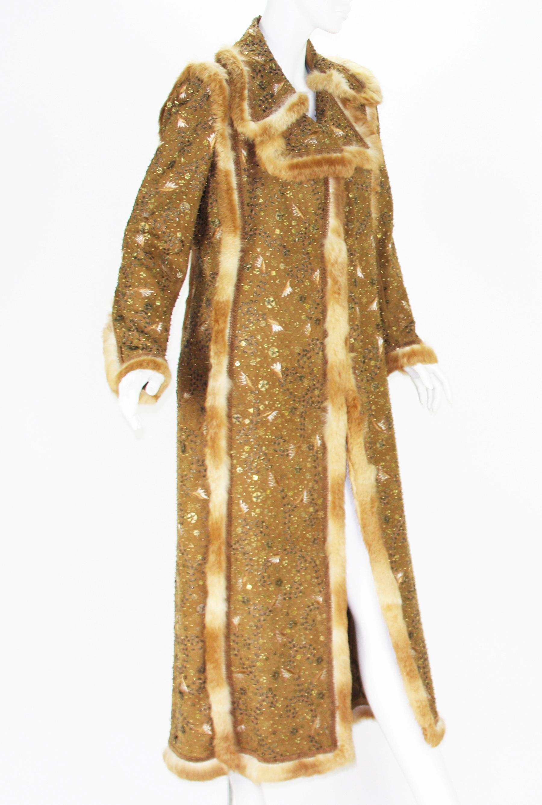 Women's New Oscar De La Renta Runway F/W 2003 Fully Embellished Suede Long Coat w/ Fur  For Sale