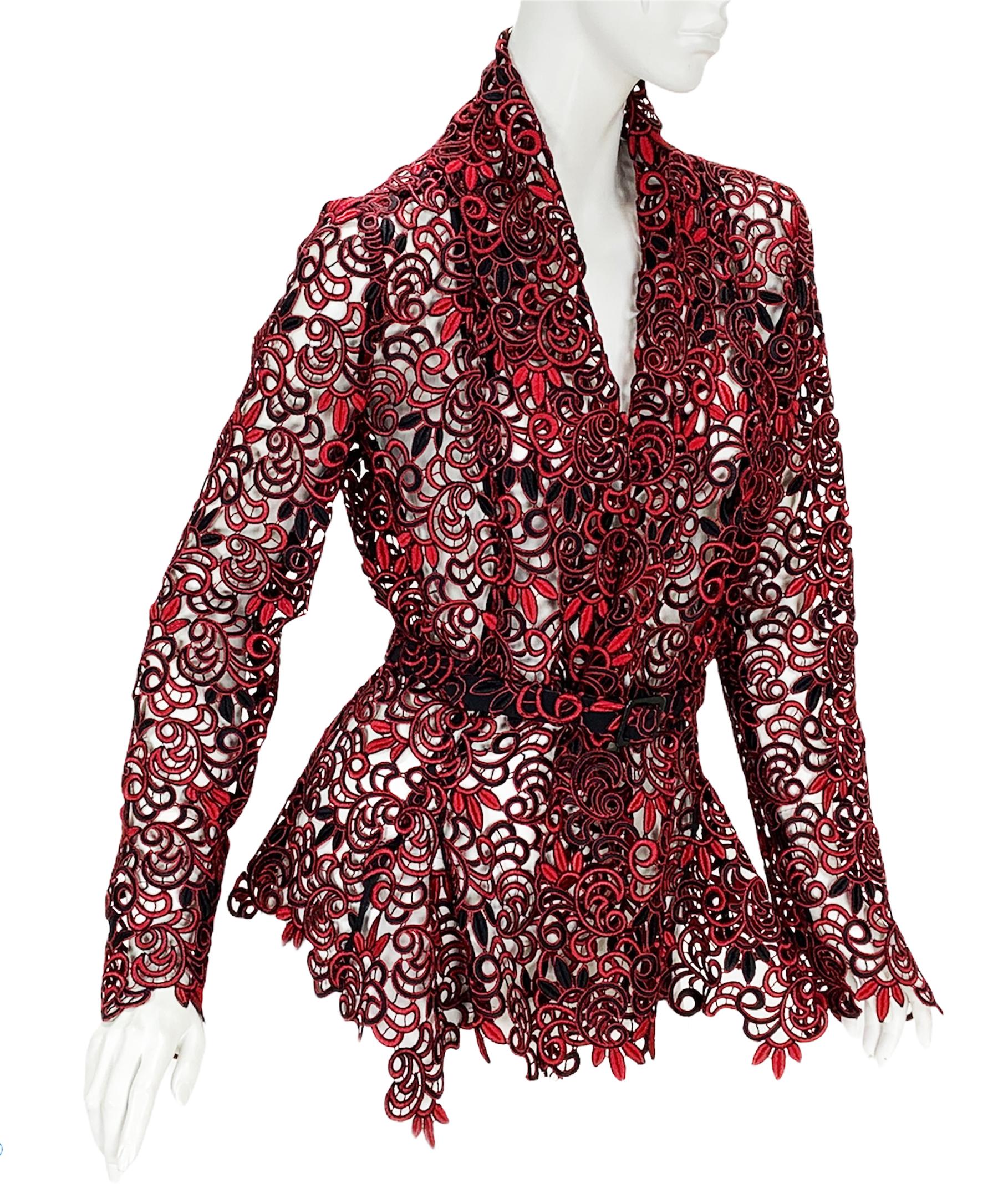 New Oscar de la Renta Runway F/W 2014 Lace Red Black Belted Skirt Suit US 6 For Sale 7
