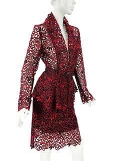 New Oscar de la Renta Runway F/W 2014 Lace Red Black Belted Skirt Suit US 6