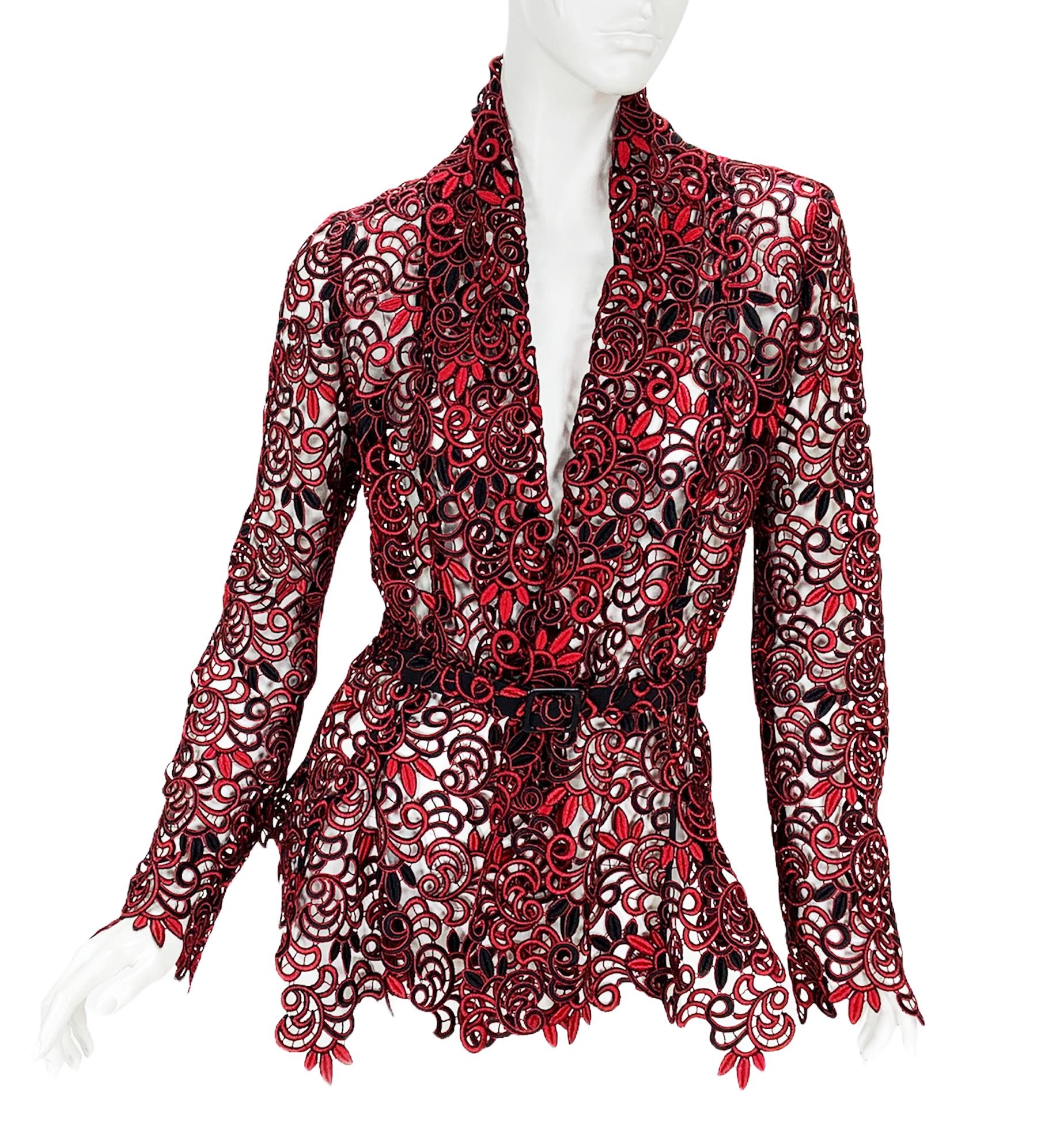 New Oscar De La Renta Lace Belted Jacket Blazer
F/W 2014 - Last Oscar De La Renta Collection Created Maestro by Himself !!!
US size - 6
Amazing French Lace in Ruby Red Color Combined Together with Classic Black Creates a Very Rich Look.
One Hook