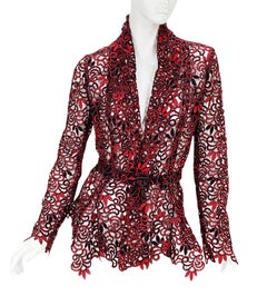 New Oscar De La Renta Runway F/W 2014 Lace Red Black Jacket Belted Blazer US 6
