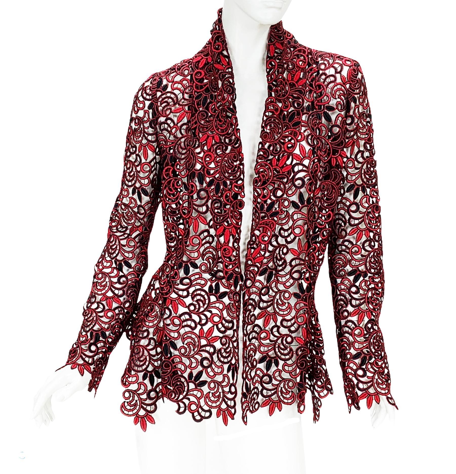 Women's New Oscar De La Renta Runway F/W 2014 Lace Red Black Jacket Belted Blazer US 6 For Sale