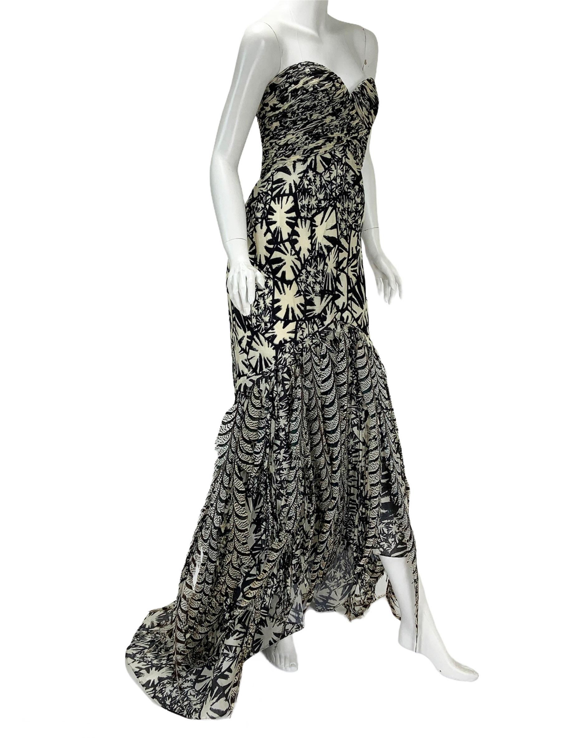 Black New Oscar de la Renta S/S 2008 AD Campaign Silk Pheasant Feather Dress Gown US 8