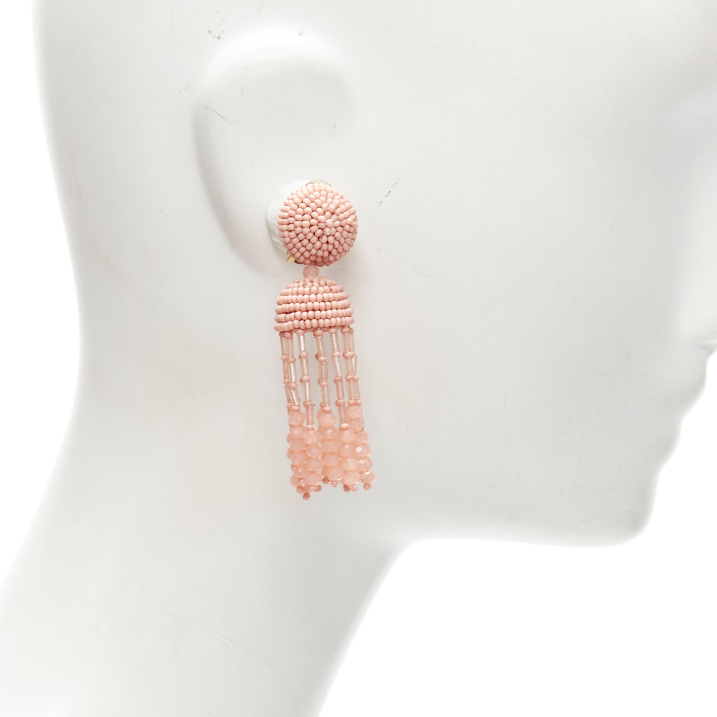 Women's new OSCAR DE LA RENTA Signature pink bead embellished tassel clip on earrings
