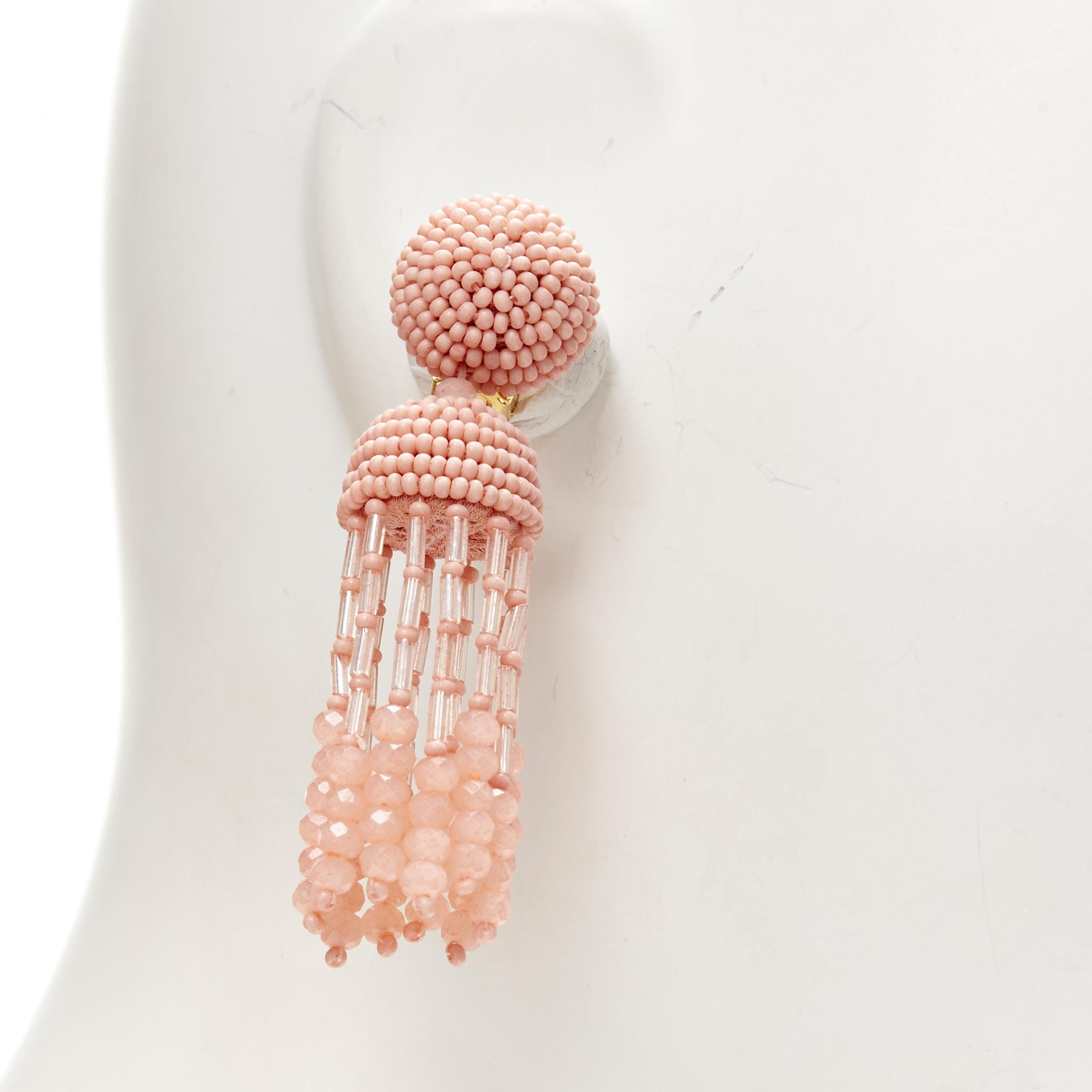 new OSCAR DE LA RENTA Signature pink bead embellished tassel clip on earrings For Sale 1