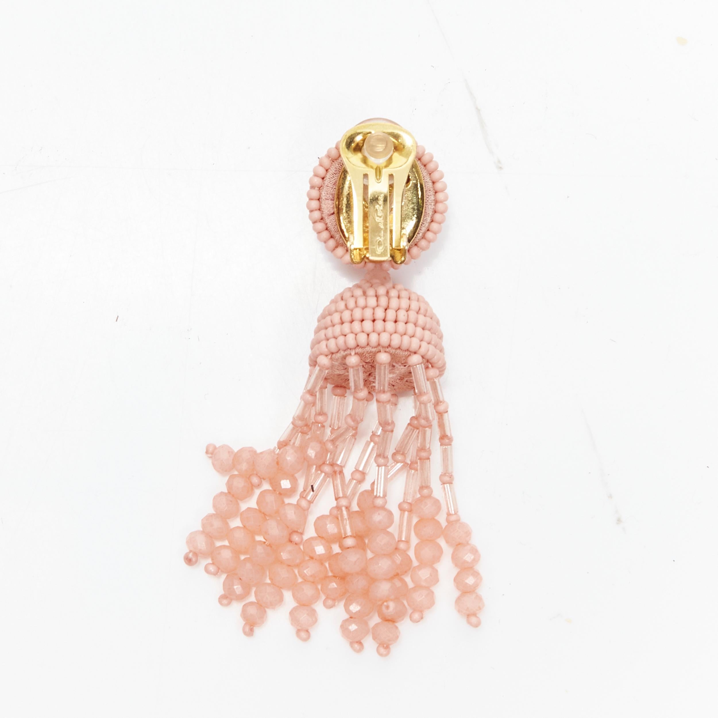 new OSCAR DE LA RENTA Signature pink bead embellished tassel clip on earrings 3