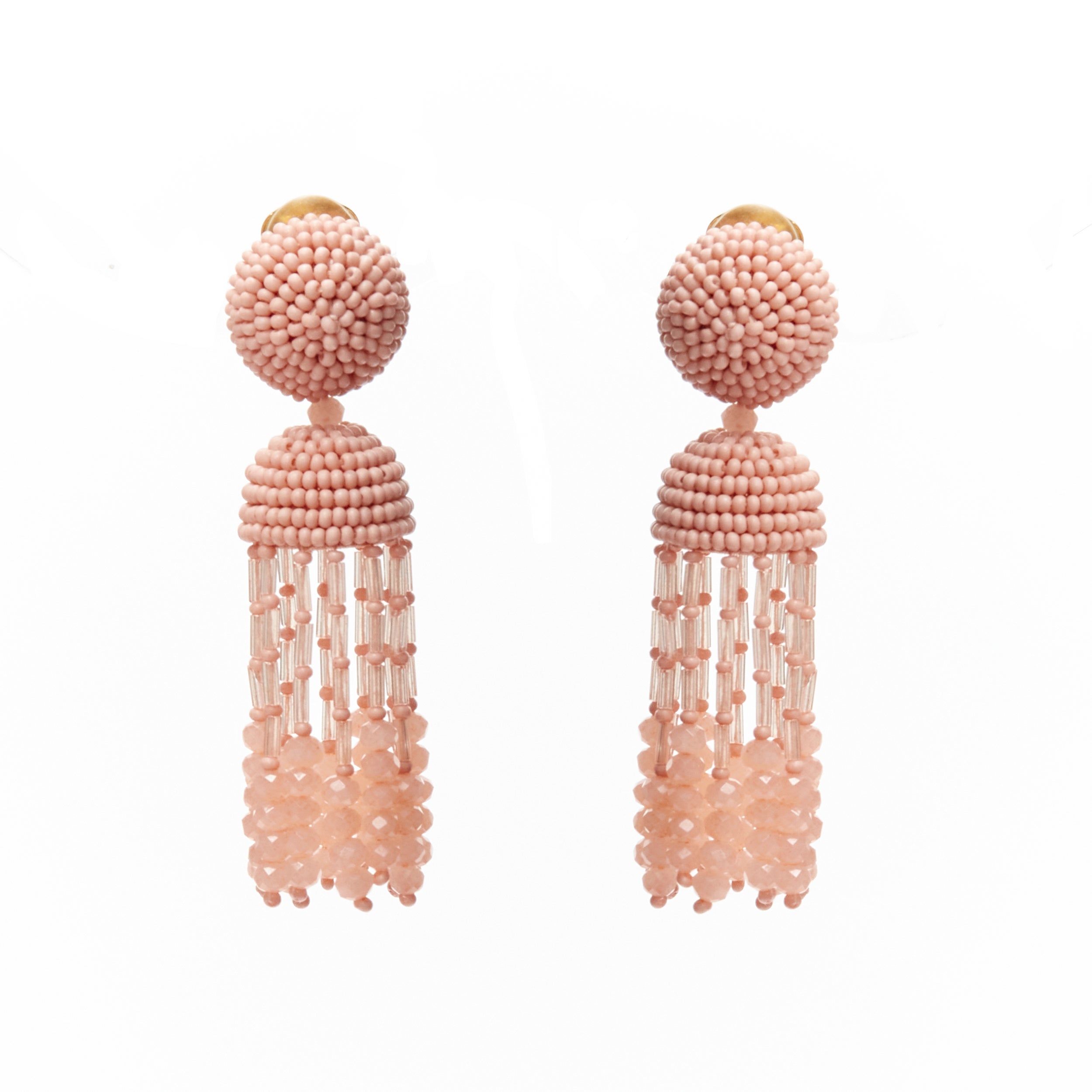 new OSCAR DE LA RENTA Signature pink bead embellished tassel clip on earrings For Sale
