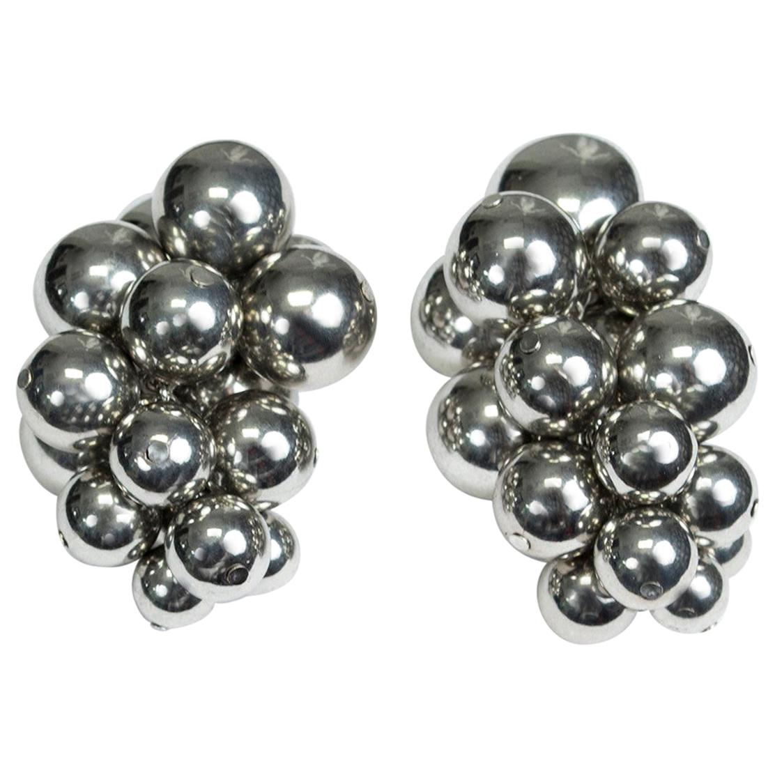 New de la Renta Silver Escher Sphere XL Statement Clip Earrings, 21st Century