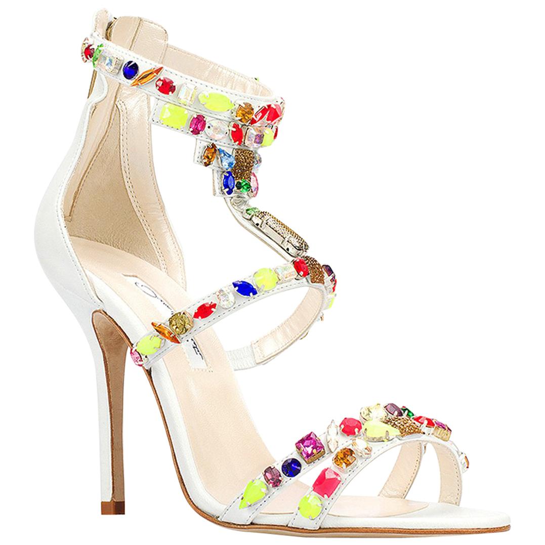 New Oscar De La Renta *Simona* White Jeweled Embellished Leather Sandals 38