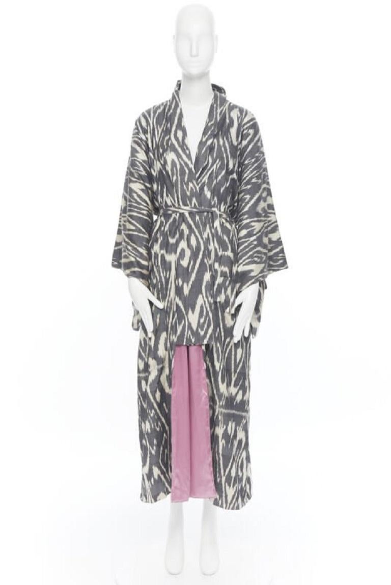 Gray new OSCAR DE LA RENTA SS19 Runway brown black leopard pink silk lined kimono L For Sale