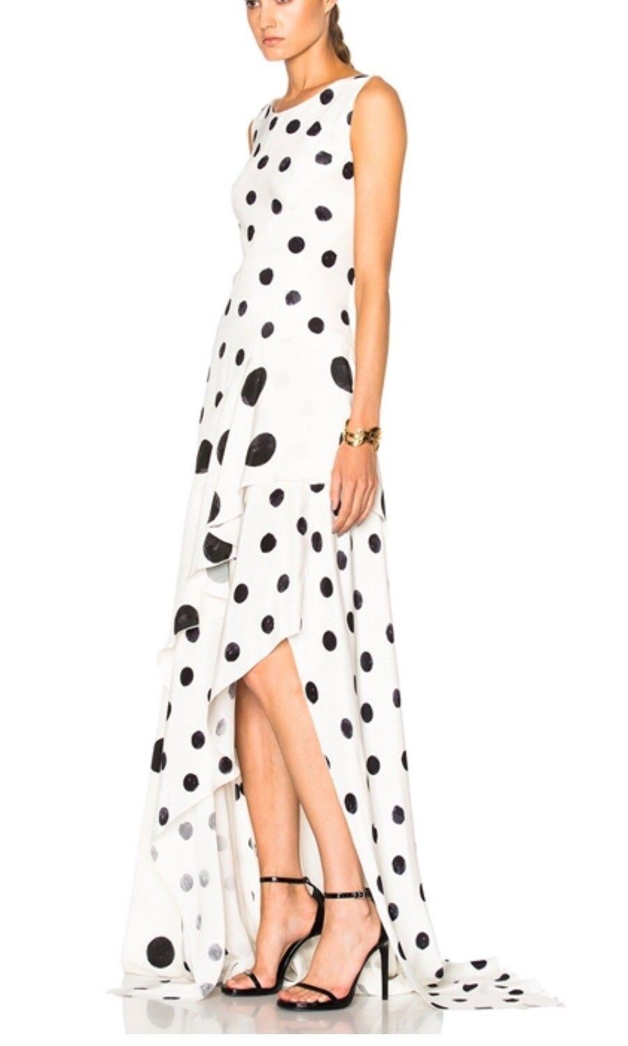 Women's New Oscar De La Renta White Polka Dot Silk Crepe Tiered Skirt Dress Gown size 4 For Sale