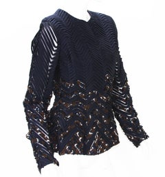 New Oscar De La Renta Zig-Zag Sheer Navy Blue Ribbon Peplum Jacket US 6