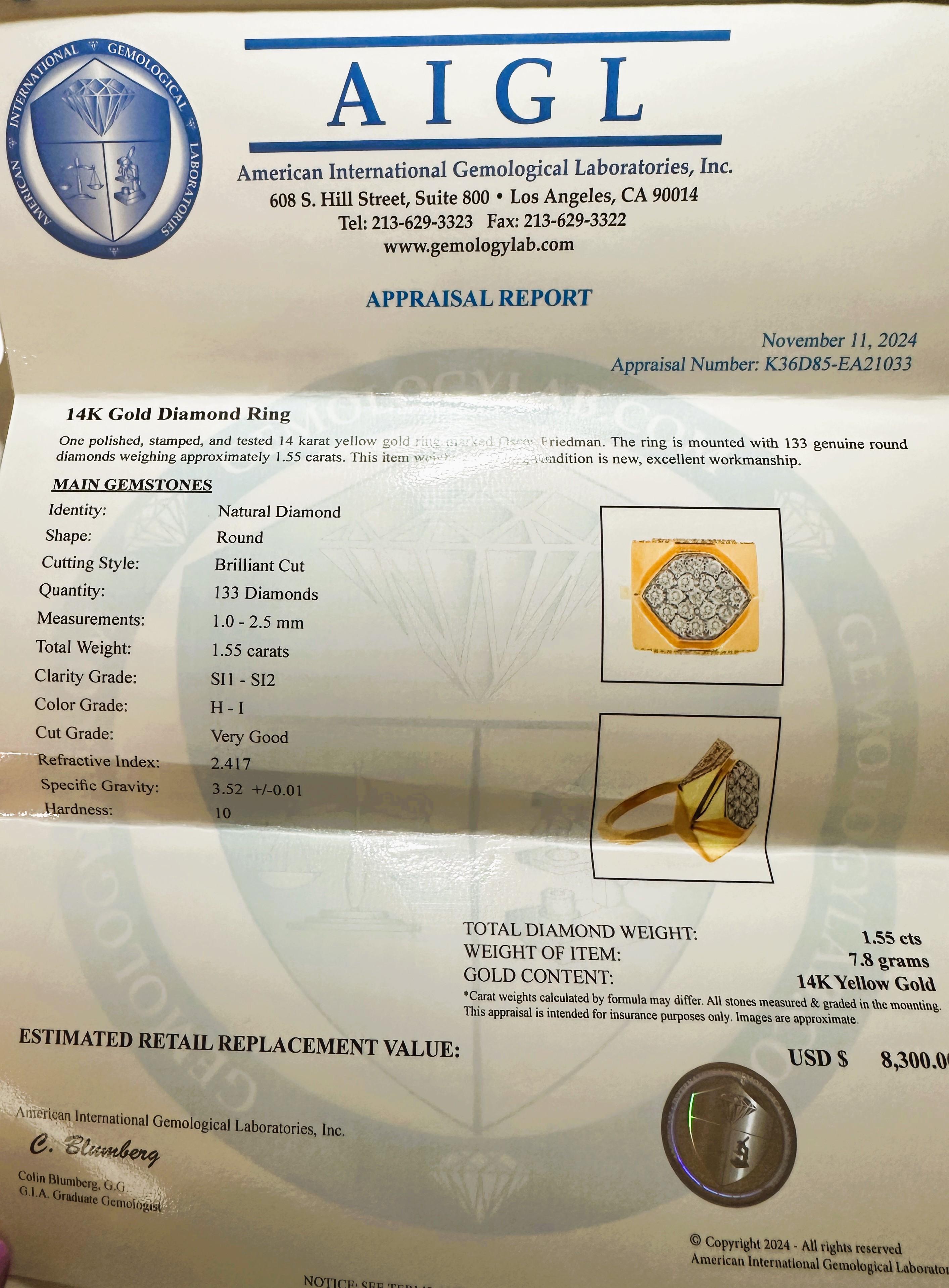 Oscar Friedman, bague neuve avec étiquette en or 14 carats et diamant 1,55 carat avec évaluation 7