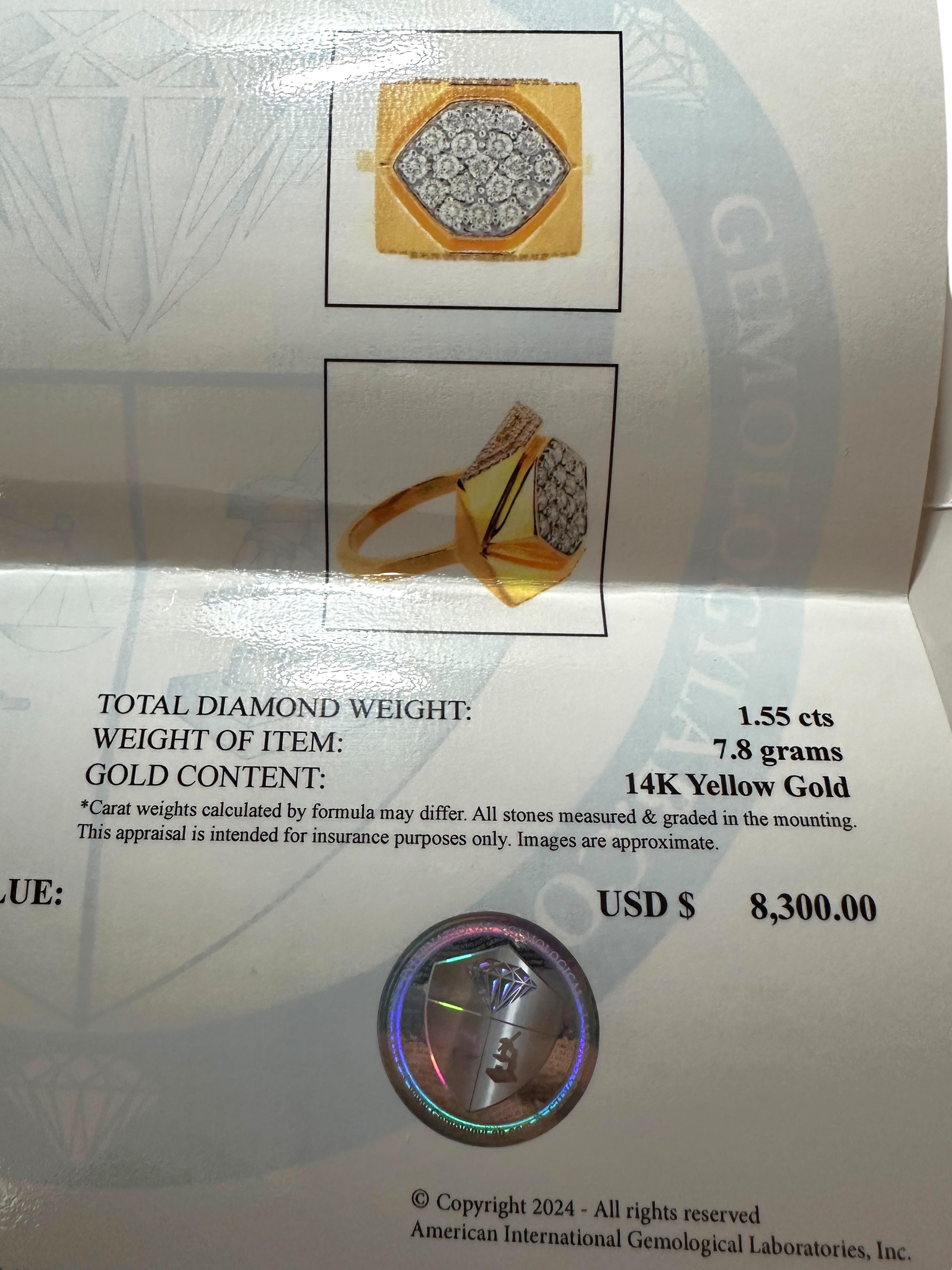 Oscar Friedman, bague neuve avec étiquette en or 14 carats et diamant 1,55 carat avec évaluation 8