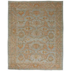 New Oushak Persian Rug in Blue with Gray and Orange Floral Details