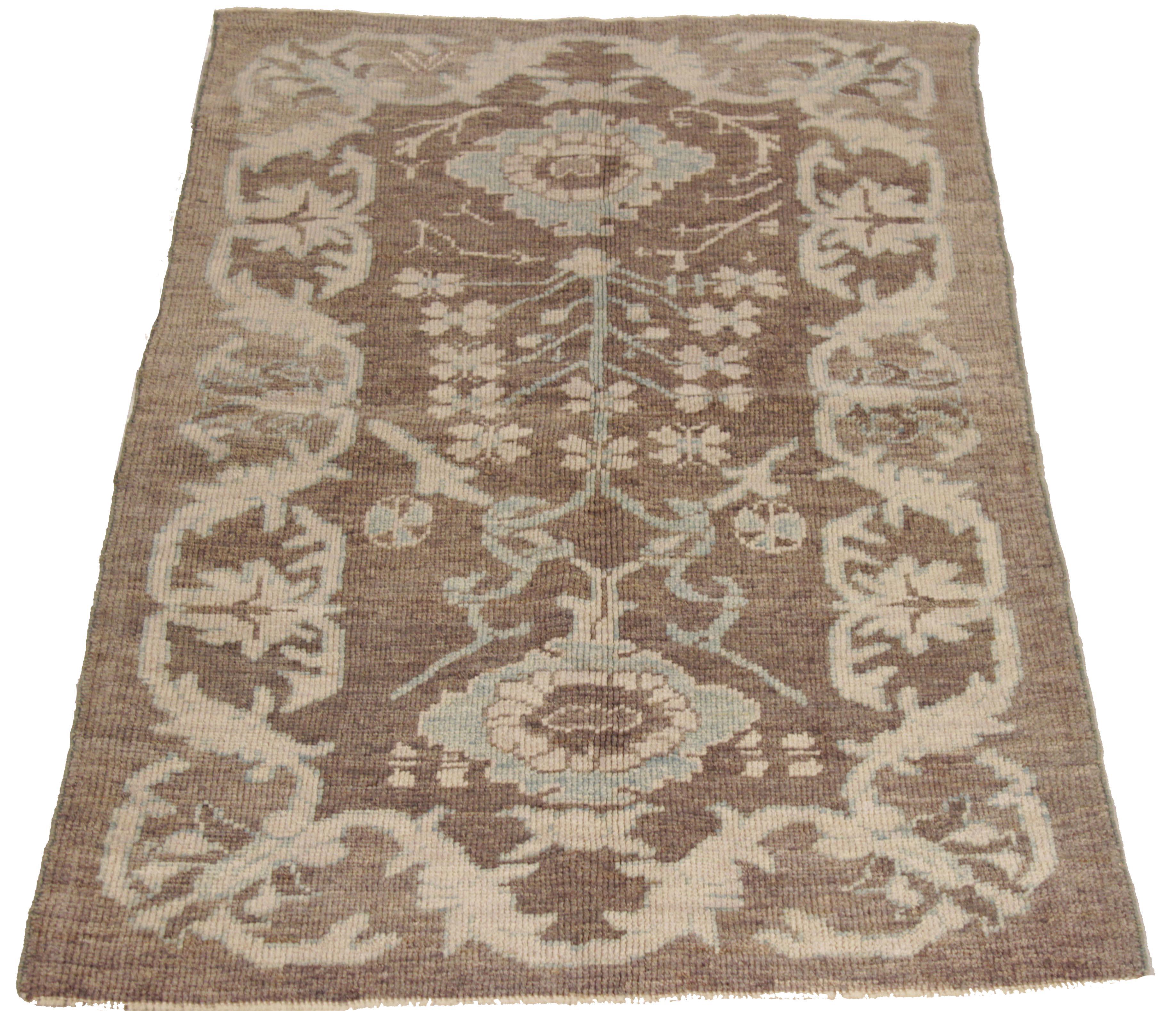 New Oushak Persian Rug with Floral Field and Border in Ivory and Blue For Sale 1
