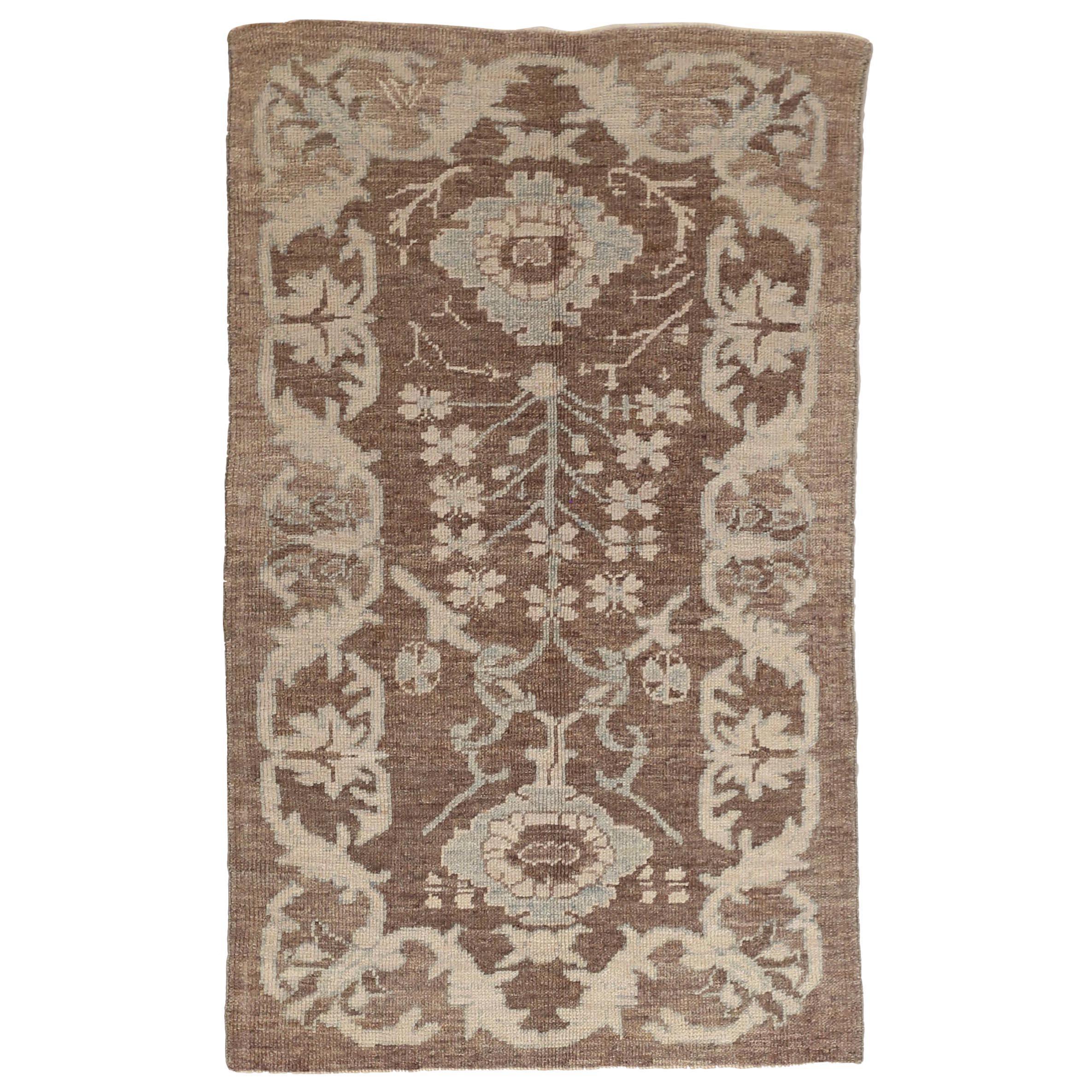 New Oushak Persian Rug with Floral Field and Border in Ivory and Blue For Sale