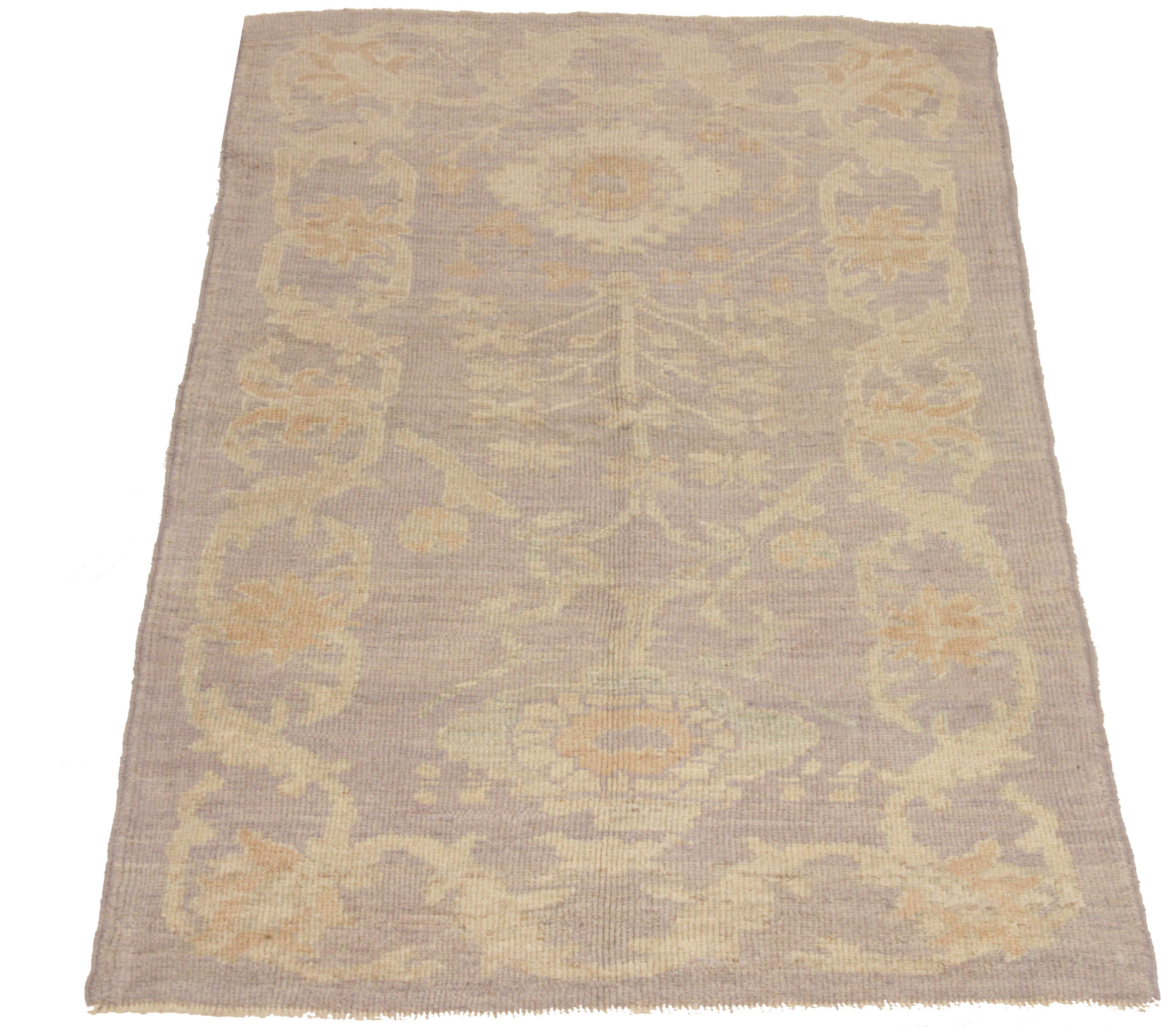 New Oushak Persian Rug with Floral Field in Muted Beige and Purple For Sale 2