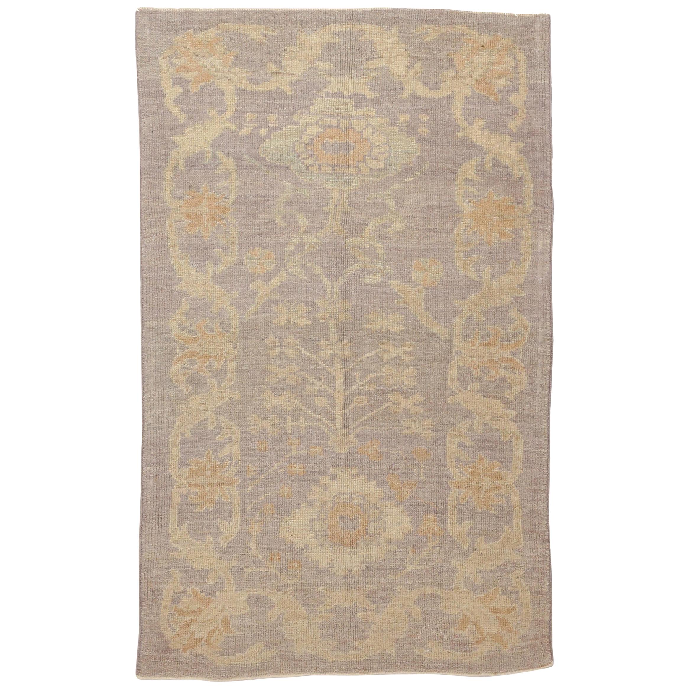 New Oushak Persian Rug with Floral Field in Muted Beige and Purple