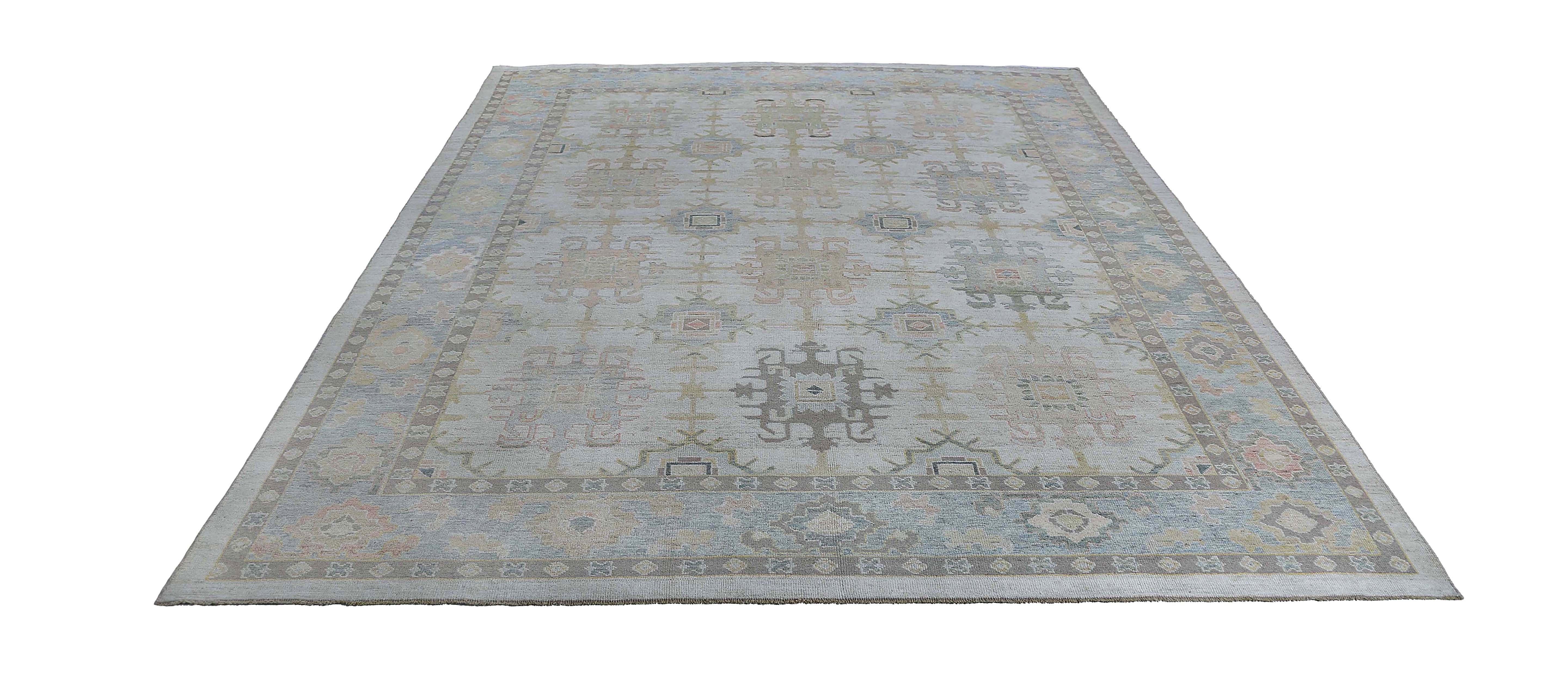 20ième siècle Tapis d'Afghanistan Oushak datant d'environ 1990, motif en laine bleu ivoire rose - 95496 en vente