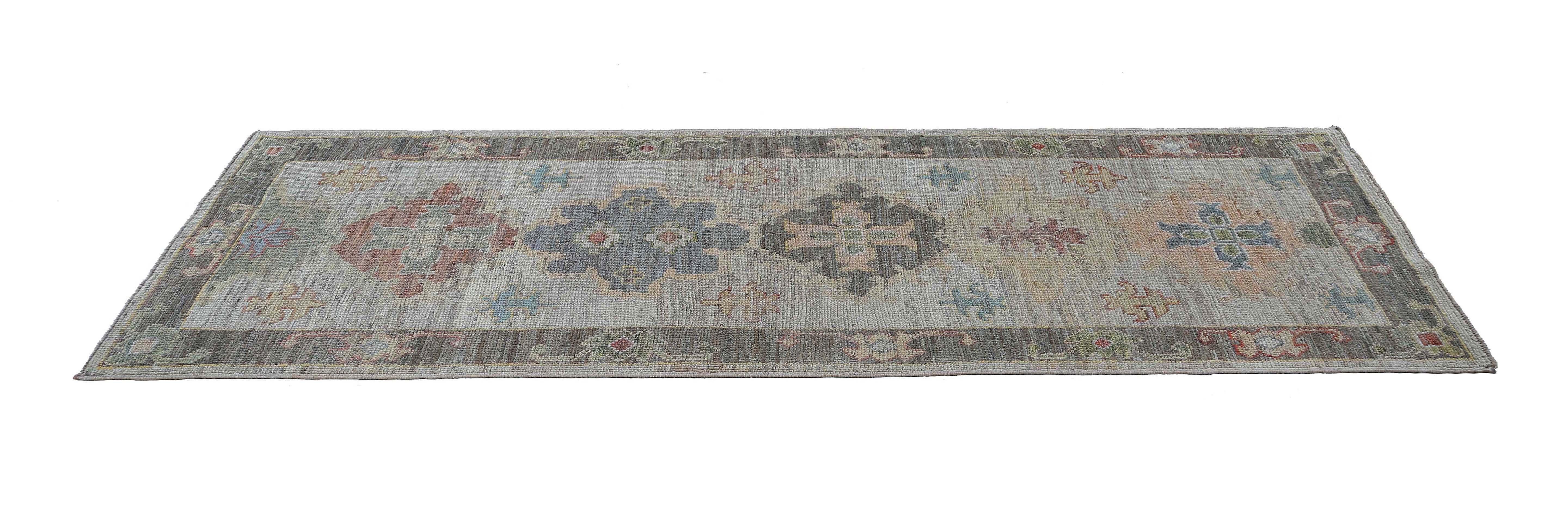 Hand-Woven New Oushak Runner with Colorful Tones For Sale