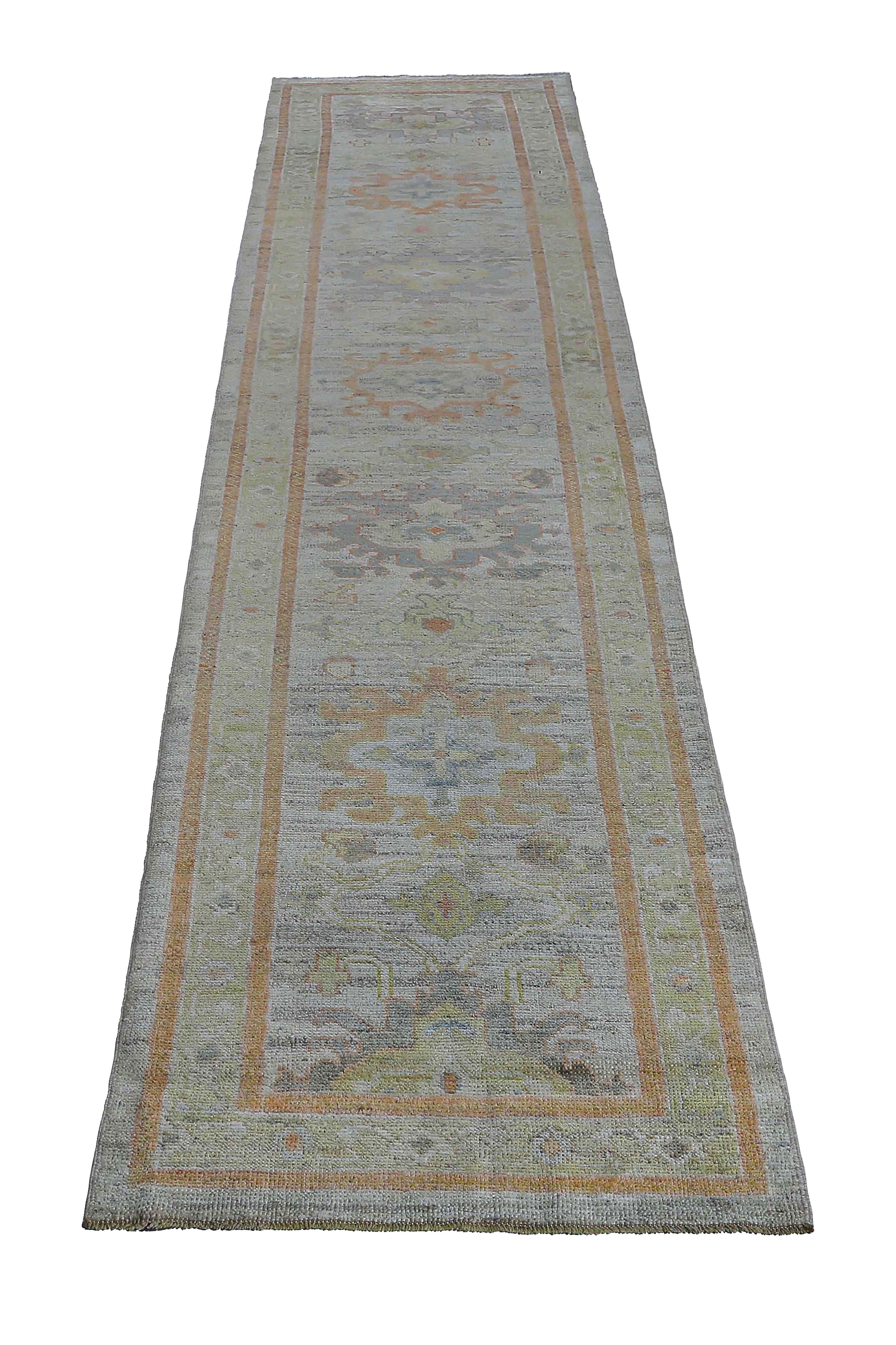Wool New Oushak Runner with Orange Tones For Sale