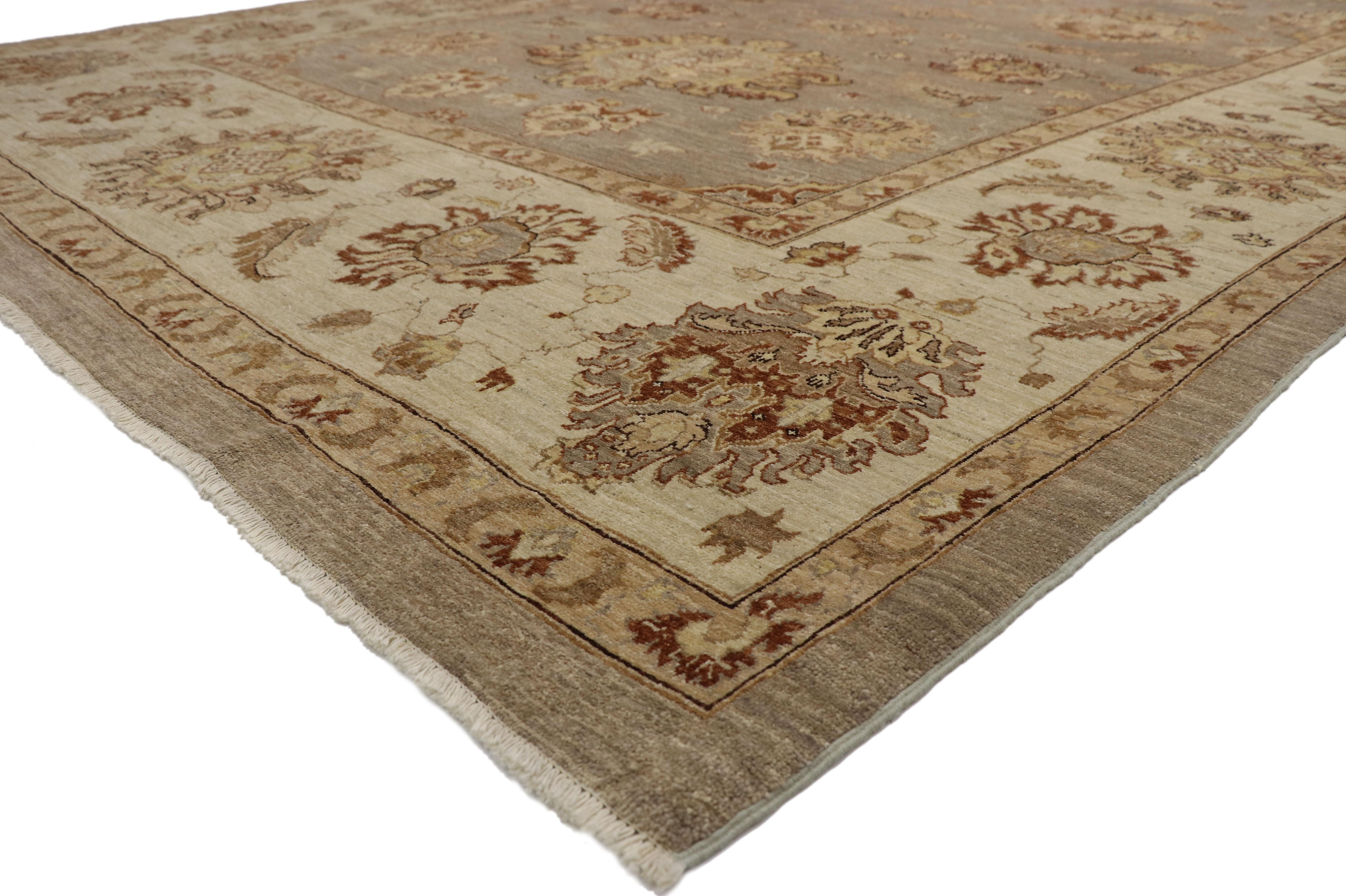 77348 New Oushak Transitional Area rug with William and Mary style. With its neutral color palette and curved lines, this hand knotted wool contemporary Turkish Oushak area rug beautifully embodies William and Mary style with a modern twist. It