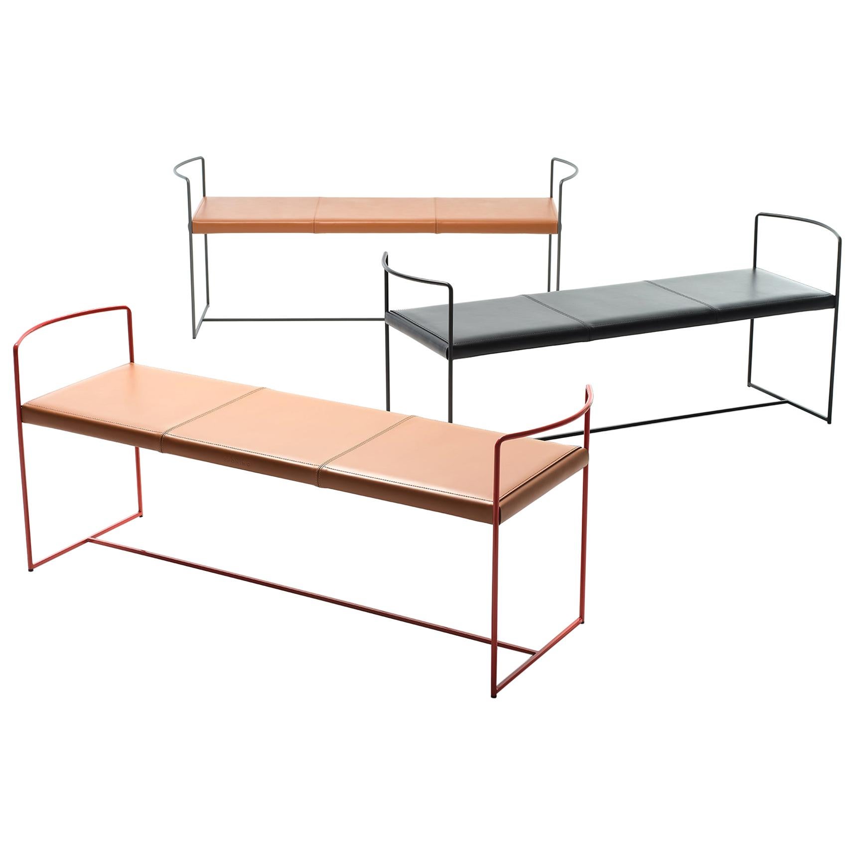21st Century Modern Bench With Painted Steel Structure And Hide Leather Seat