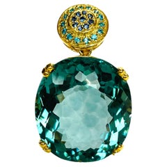 New Oval 32.40 Ct Aquamarine & Blue Sapphire Yellow Gold Plated Sterling Pendant