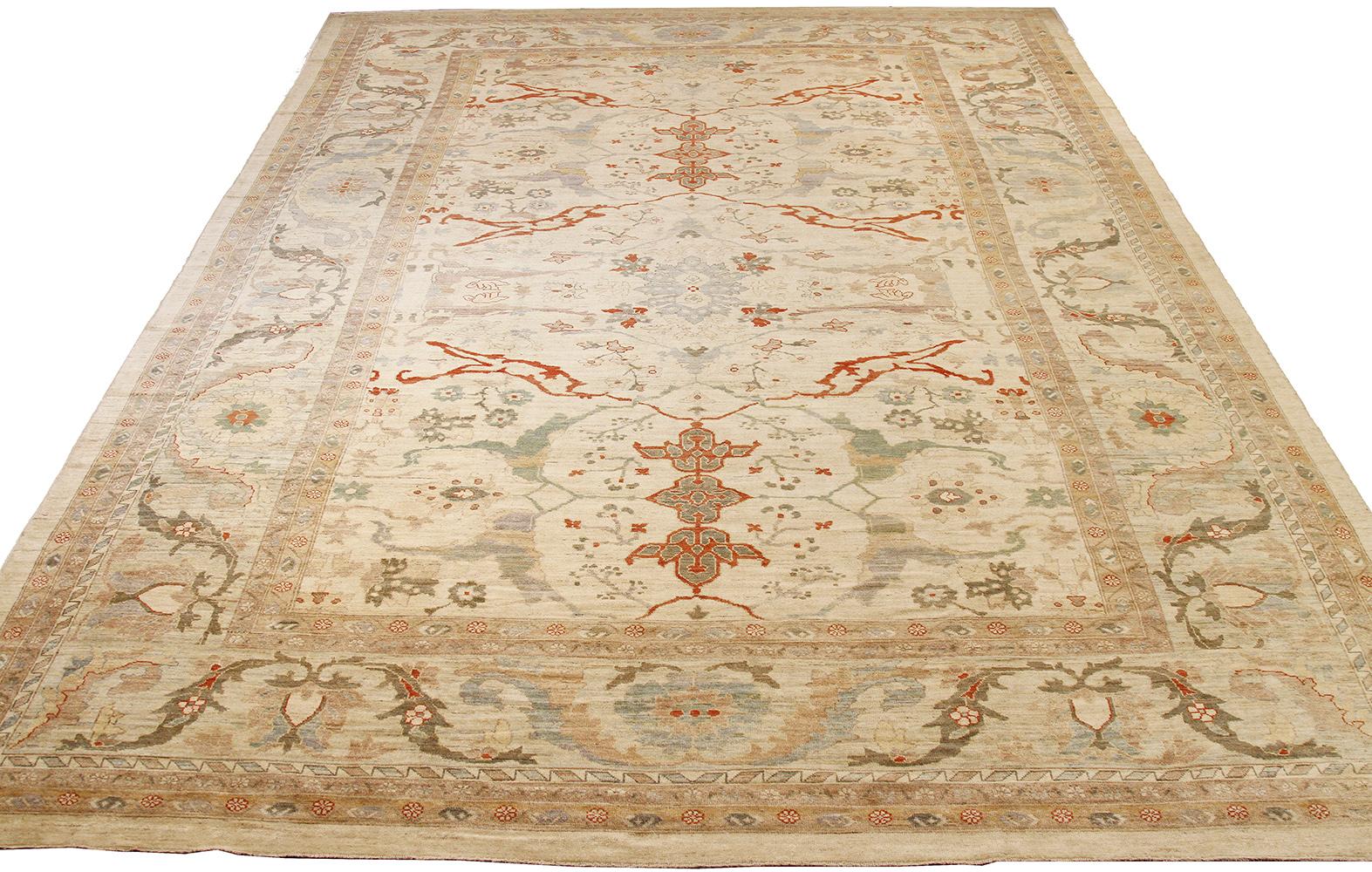 New handmade Persian style area rug from high-quality sheep’s wool and colored with eco-friendly vegetable dyes that are proven safe for humans and pets alike. It’s a Classic Sultanabad design showcasing an ivory field with prominent Herati flower