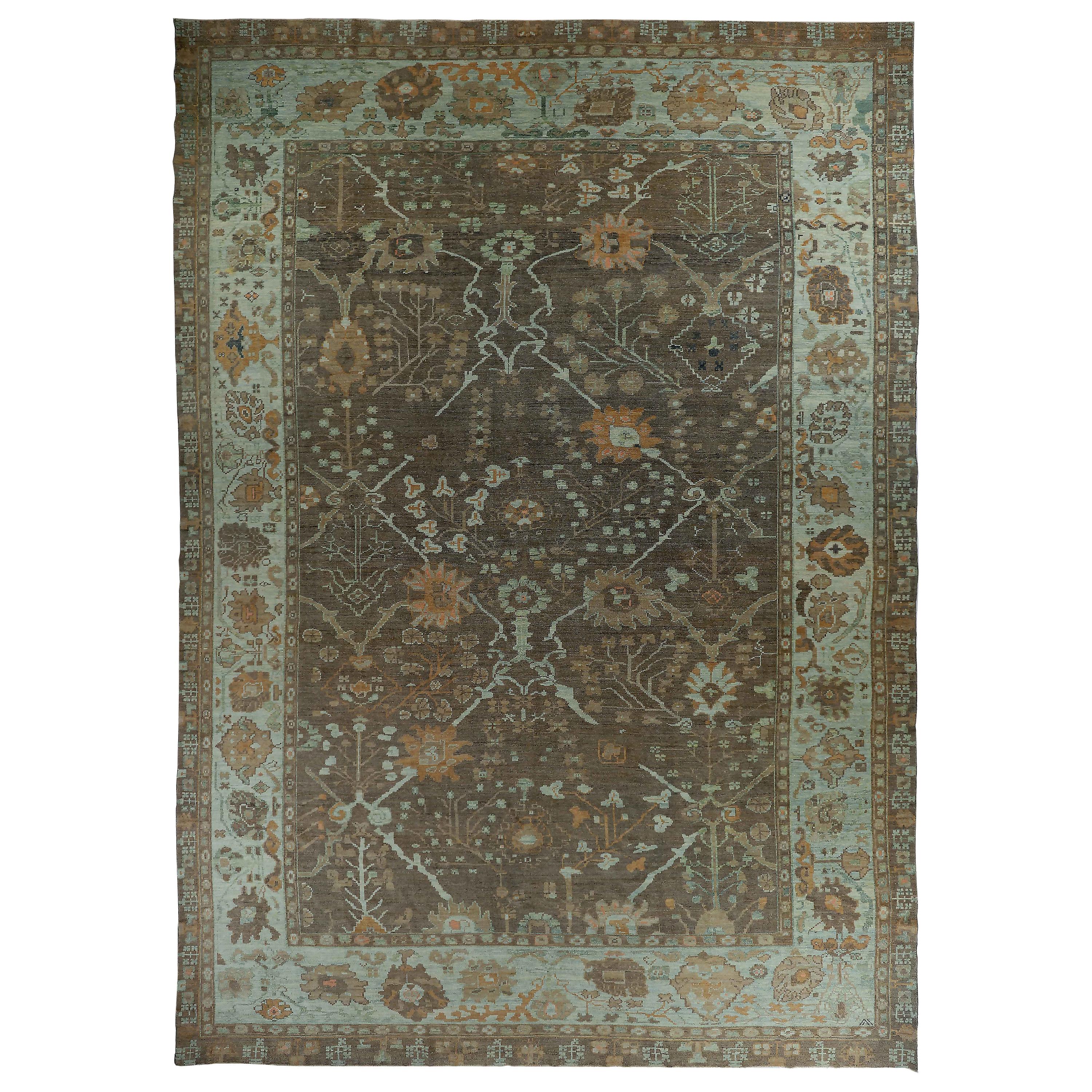 New Oversize Turkish Oushak Rug with Brown and Green Floral Details For Sale
