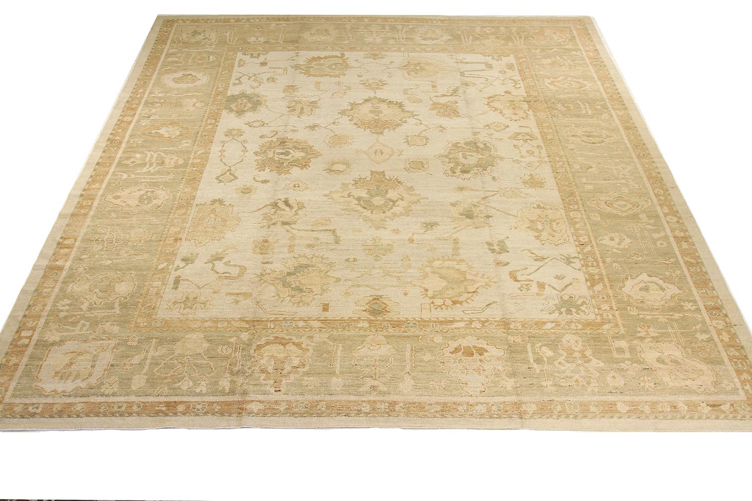 New Turkish rug made of handwoven sheep’s wool of the finest quality. It’s colored with organic vegetable dyes that are certified safe for humans and pets alike. It features flower details all-over associated with Oushak weaving from ancient