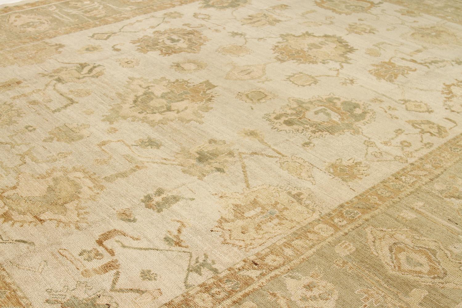 Hand-Woven New Oversize Turkish Oushak Rug with Ivory and Beige Floral Field For Sale