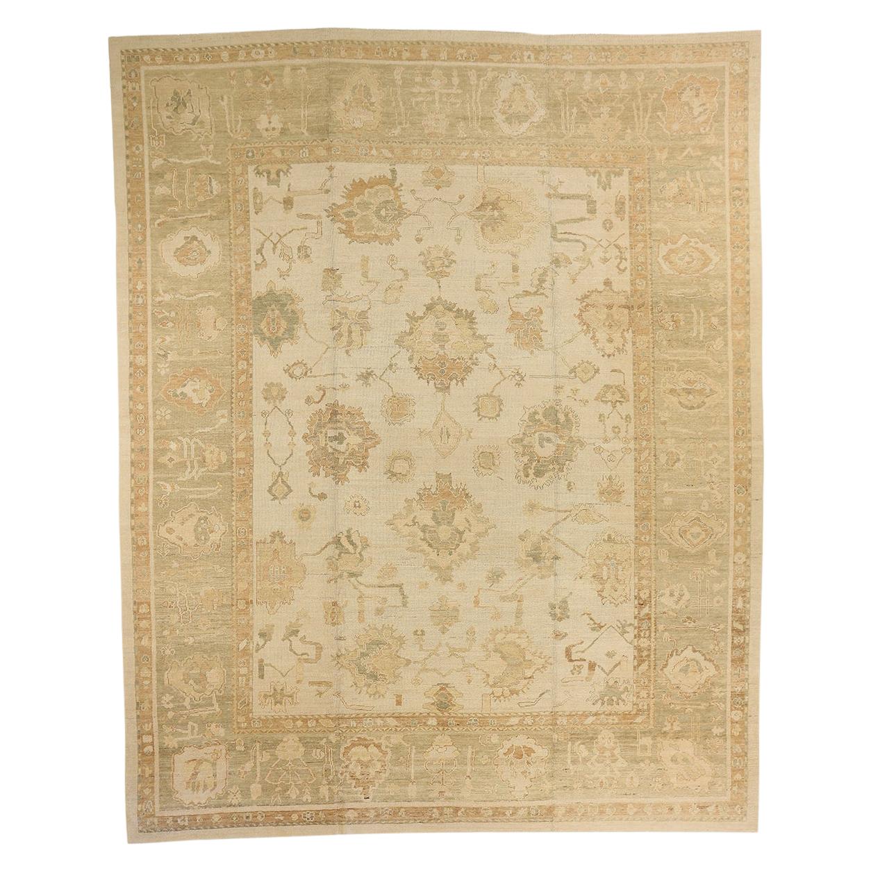 New Oversize Turkish Oushak Rug with Ivory and Beige Floral Field For Sale