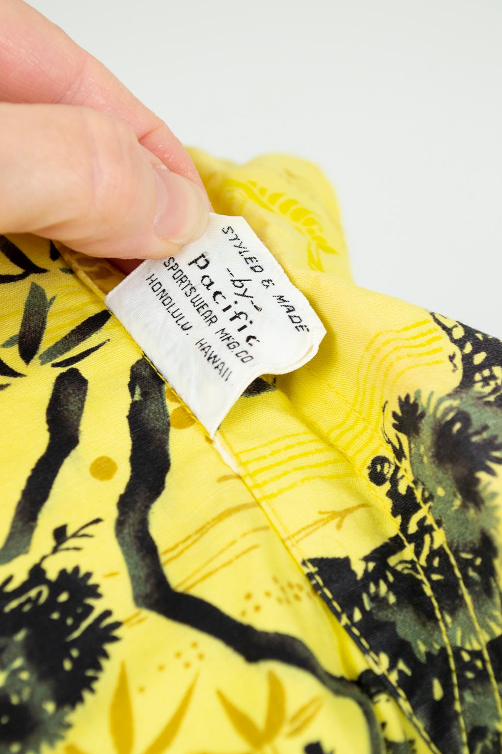 New Men's Pacific Sportswear Yellow Hawaiian Watercolor Crane Shirt – M-L, 1950s 7