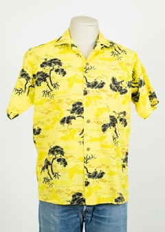New Men's Pacific Sportswear Yellow Hawaiian Watercolor Crane Shirt – M-L, 1950s