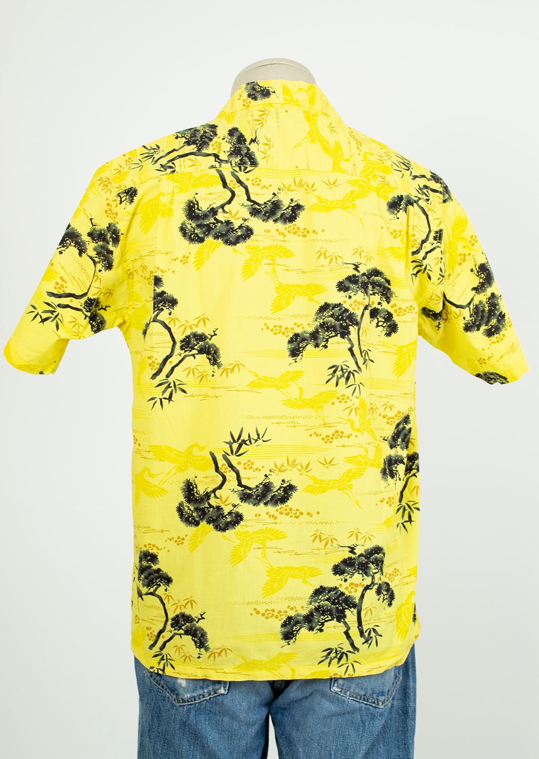 New Men's Pacific Sportswear Yellow Hawaiian Watercolor Crane Shirt – M-L, 1950s In New Condition In Tucson, AZ